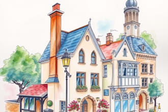 sketch and watercolor of house, building and other places