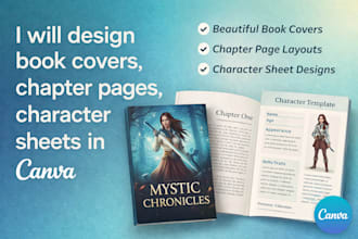 design professional book covers, chapter pages, and character sheets in canva