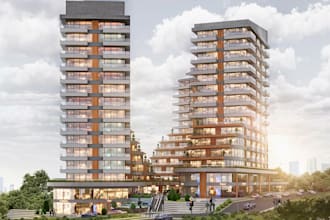 redesign 3d mixed use building,glass facade, private balcony,public plaza render