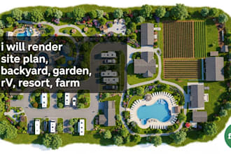 design 3d landscape rendering, 2d site plan, backyard, garden, rv, resort, farm