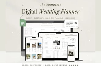 design wedding planner spreadsheet, budget tracker, and event google sheet