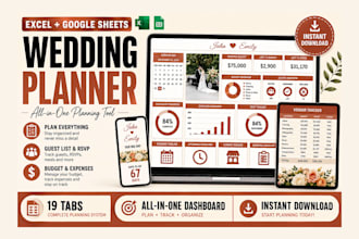 design wedding planner spreadsheet, budget tracker, and event google sheet