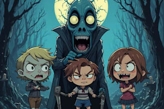 draw creepy, horror, cartoon character illustrations