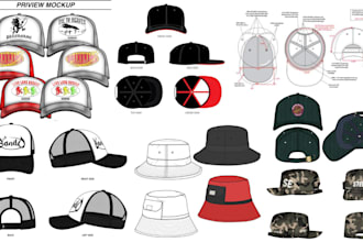 design flat sketch, 3d mock up and tech pack of hat and cap