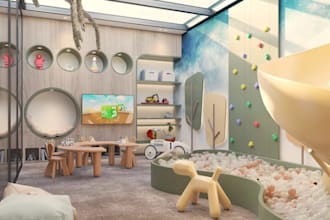 visualize indoor kids playroom,3dnursery interior,commercial space layout,render
