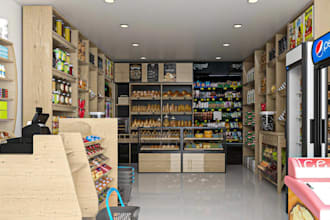 renew 3d mini supermarket, grocery store,shelves, retail store, cgi store layout