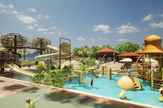 design 3d resort park,water park render,theme park,exterior amusement,cgi layout