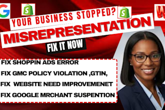 set up google merchant center, fix gmc misrepresentation, and manage shopping a