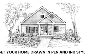draw your house portrait in detailed pen and ink style