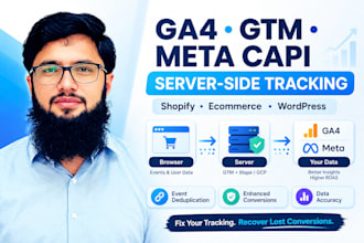 fix ga4, setup server side tracking, meta capi, and GTM for shopify, ecommerce