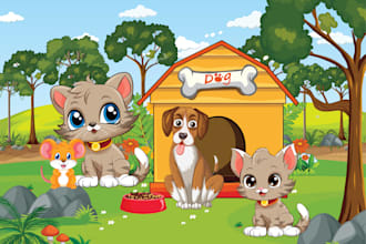 draw animals cat and dog with forest