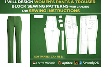 women pants, trouser block sewing patterns with grading and sewing instructions
