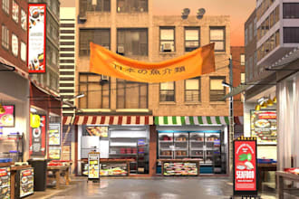 rearrange 3d seafood store, mini mart, interior supermarket, cgi urban rendering