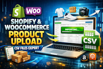 upload shopify, woocommerce products, CSV, data entry, product listing, page fly