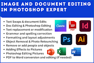 do high quality text replace, image editing and text edits documents photoshop