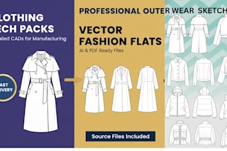 create professional fashion flat sketches and tech packs for outerwear