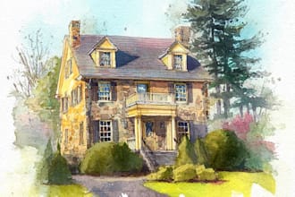 paint a watercolor house portrait or city space illustration