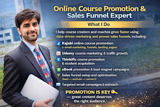 do online course promotion, sales funnel expert kajabi, udemy, thinkific ebooks