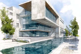 sketch architecture building or houses with watercolour rendering