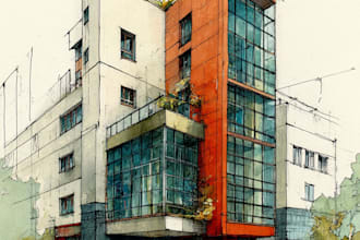 sketch architecture building with watercolor rendering