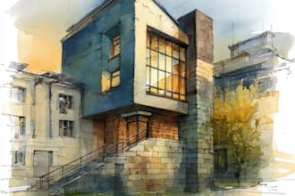 sketch architecture building with watercolor rendering