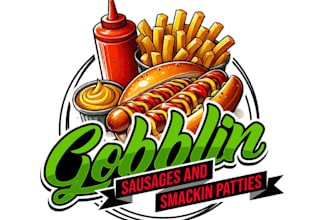 create fantastic hot dog, burger and french fries logo