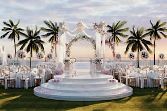 design outdoor wedding venue,stage rendering,layout arrangement,event hall decor