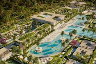 resort design, landscape development, 3d interior render, site plan, hospitality