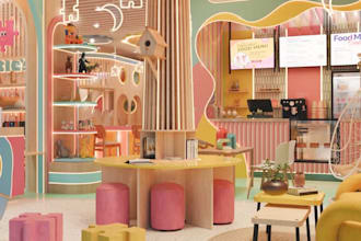 cgi 3d kids cafe,play area render, indoor playground design, birthday restaurant