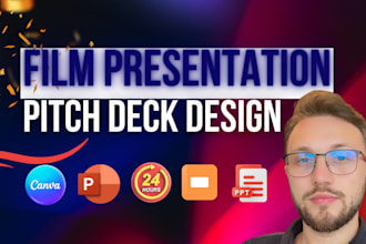 create cinematic film presentation, movie pitch deck, powerpoint, graphic design