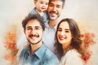 merge photos to watercolor family portrait illustration