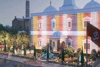 redesign 3d temple festival venue, exterior lighten, garden decor, night render