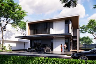 render 3d contemporary house design,home exterior,car park,driveway,landscaping