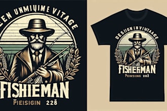 do a vintage fisherman logo with t shirt design