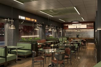 renovate restaurant interior, fast food, dinner outlet, layout plan, cgi render