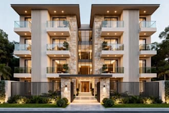 redesign apartment exterior, resort living, multi story building, revit render