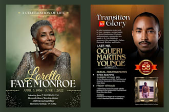 design funeral flyer, program booklet, memorial prayer card, and obituary flyer