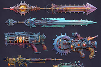 draw custom weapon gun, knife or item, finished 2d concept