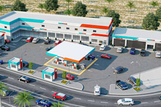 restructure old building, 3d gas station design, commercial exterior render, skp