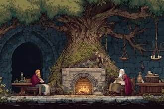 draw pixel art scene and background for your game