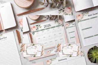 design printable, editable 2026 calendar, feminine journal, planner, tracker pdf