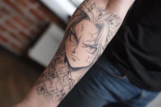 custom anime tattoo sleeve drawing sketch by renowned tattoo artist