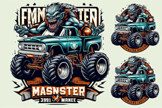 design custom vintage monster truck mascot logo with t shirt design