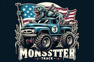 design custom vintage monster truck mascot logo with t shirt design