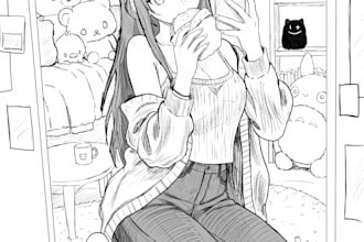 draw black and white character, character sheet and clothes in anime style