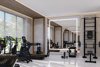 revamp 3d gym house,cgi fitness centre, workout area,gym equipment,cardio render