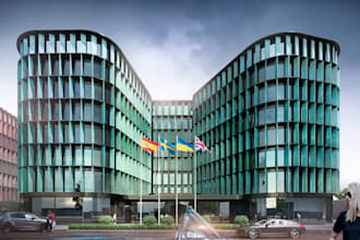 create 3d rendering for mixed use buildings, hotel renovation, office complex