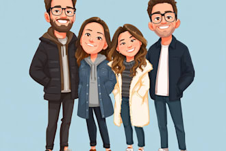make a custom family caricature and a group outing cartoon