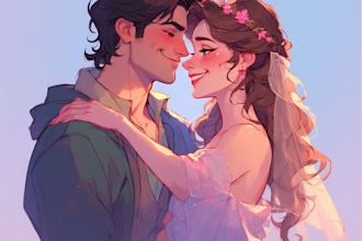 paint a romantic couple portrait in watercolor style