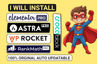 install wordpress theme, install elementor pro, astra pro and wp rocket
